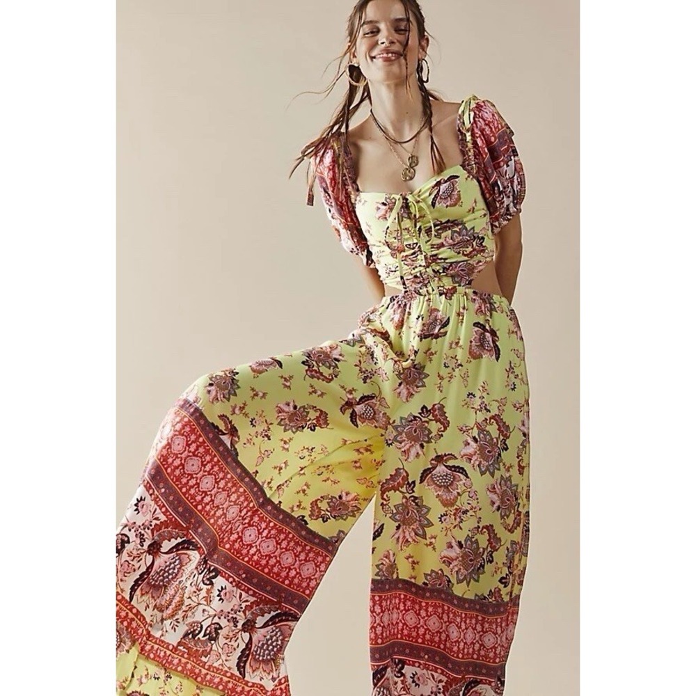 Free People Bali Citrus Skies Cut Out Wide Leg Boho‎ Jumpsuit Beachy Resort M